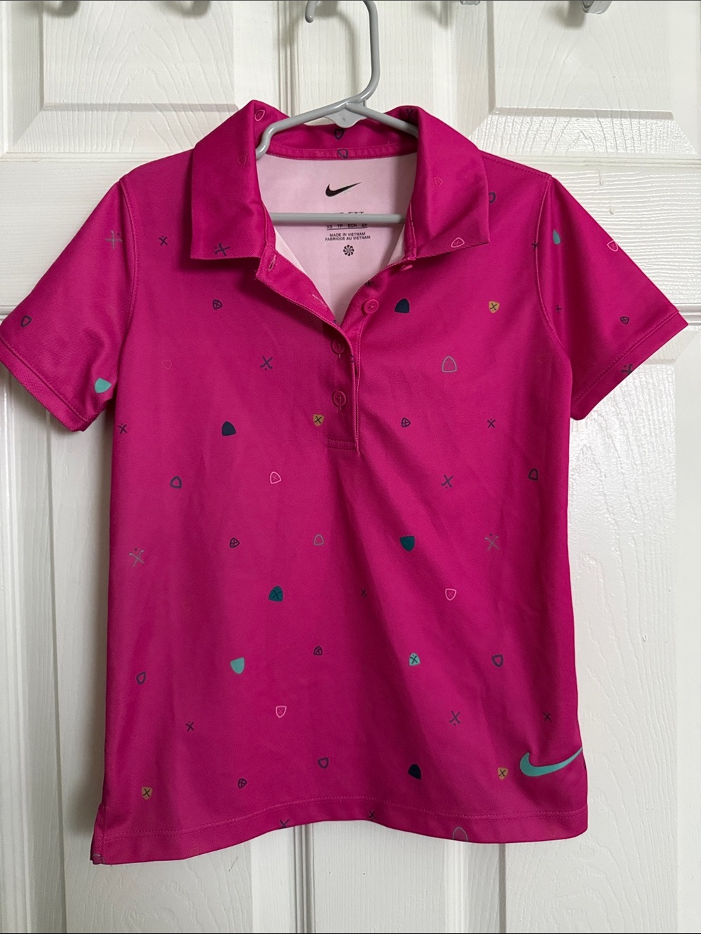 Nike Girls Hot Pink Polo with Teal Swoosh and Multicolor Shapes
